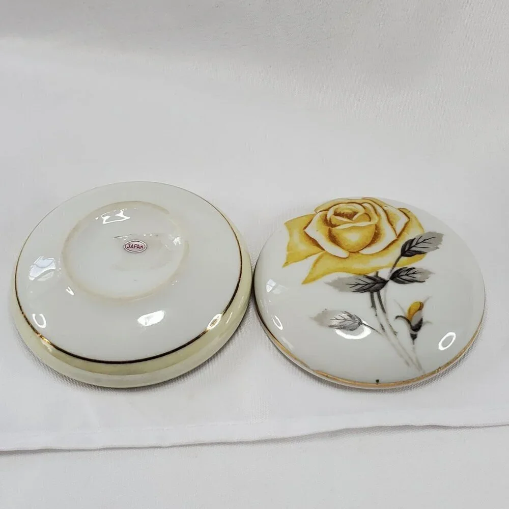 VTG Yellow Rose Trinket Holder Jewelry Box Porcelain Round Gold Trim Japan